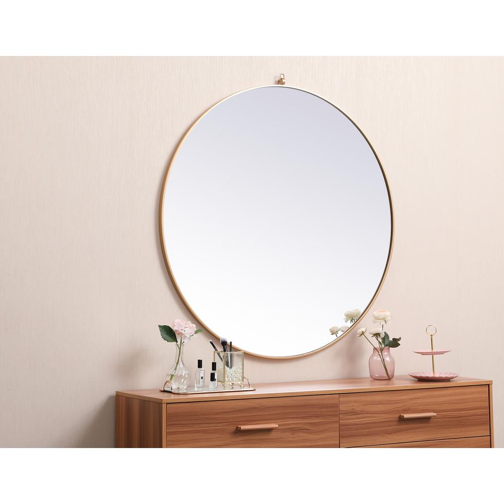Metal frame round mirror with decorative hook 45 inch in Brass. Picture 2