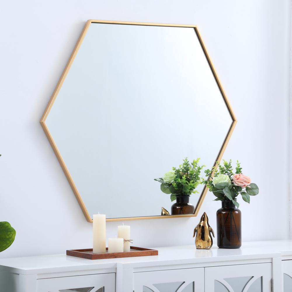 Metal frame hexagon mirror 38 inch in Brass. Picture 7