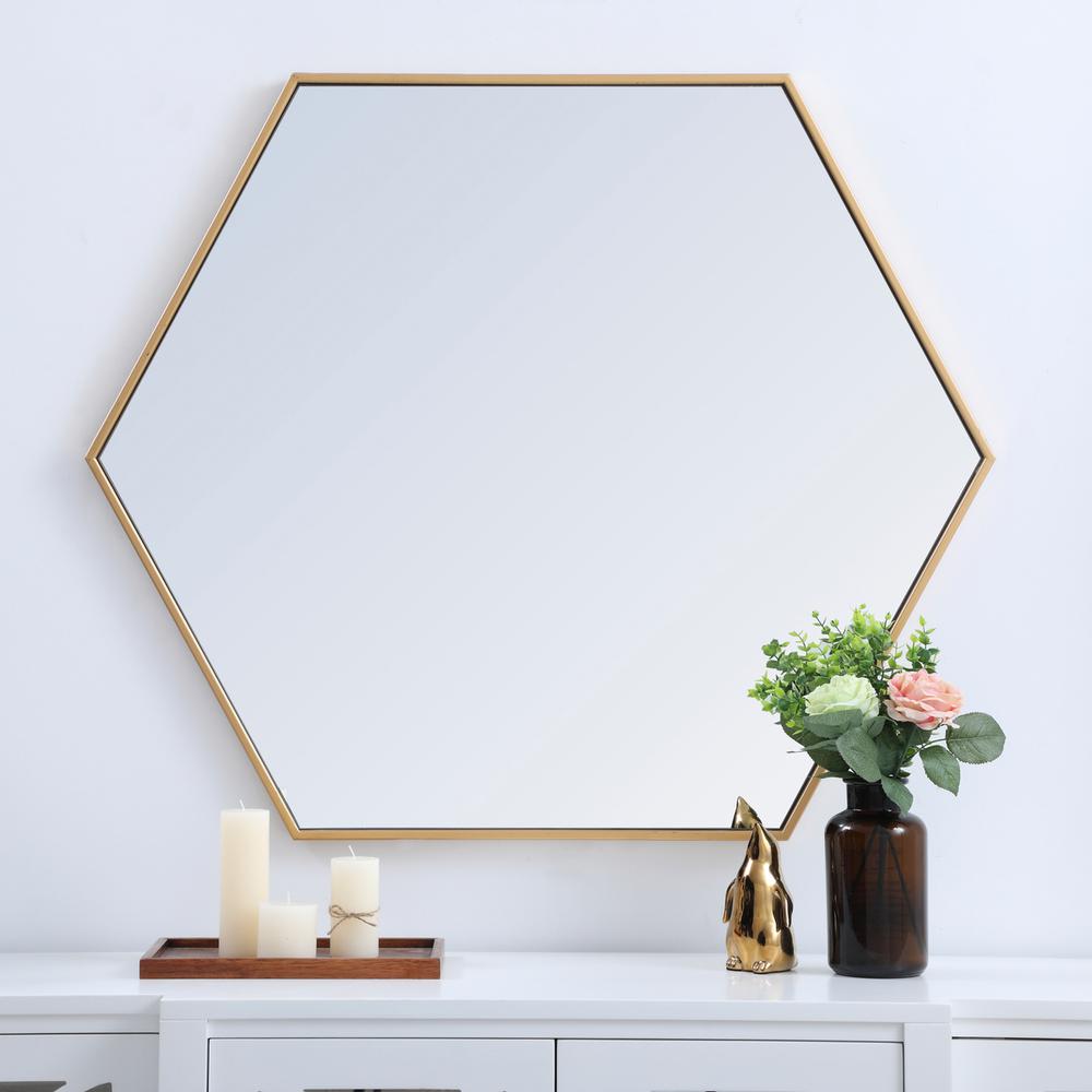 Metal frame hexagon mirror 38 inch in Brass. Picture 6