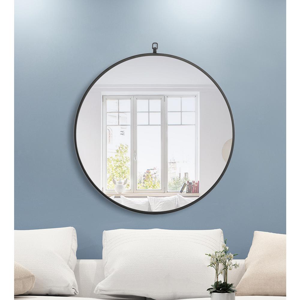 Metal frame Round Mirror with decorative hook 28 inch Black finish. Picture 10