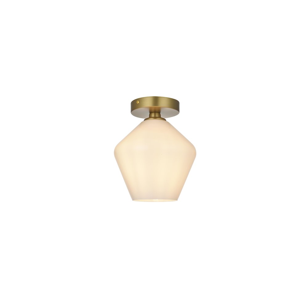 Gene 8 Inch Flush Mount Frosted White Shade in Satin Gold. Picture 1