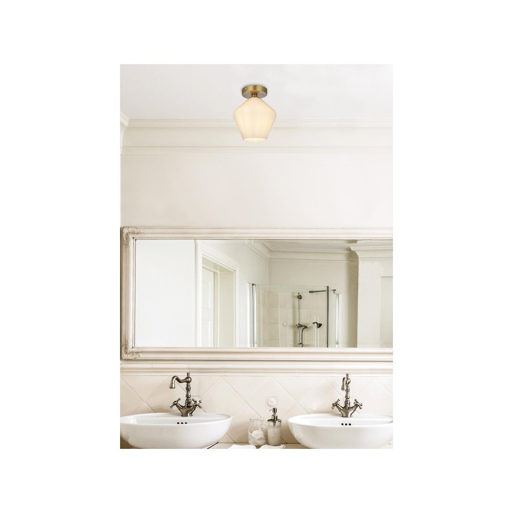 Gene 8 Inch Flush Mount Frosted White Shade in Satin Gold. Picture 9
