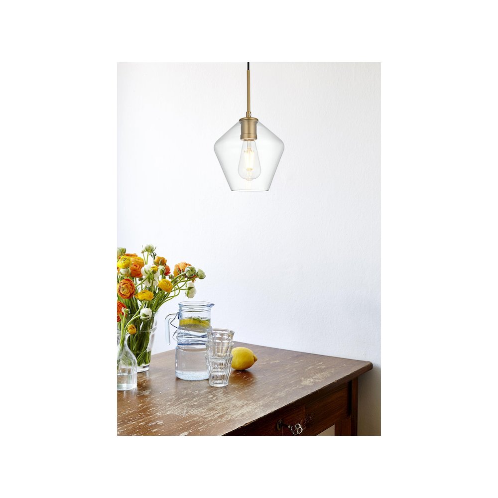 Gene 8 Inch Pendant Clear Shade in Satin Gold. Picture 10