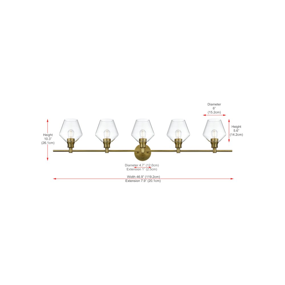 Gene 5 Light Satin Gold and Clear Glass Wall Sconce. Picture 7