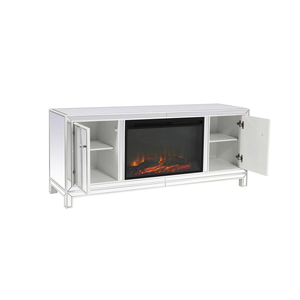 60 in. mirrored TV stand with wood fireplace insert in white. Picture 4