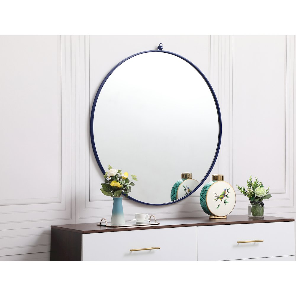 Metal Frame Round Mirror With Decorative Hook 39 Inch In Blue. Picture 3