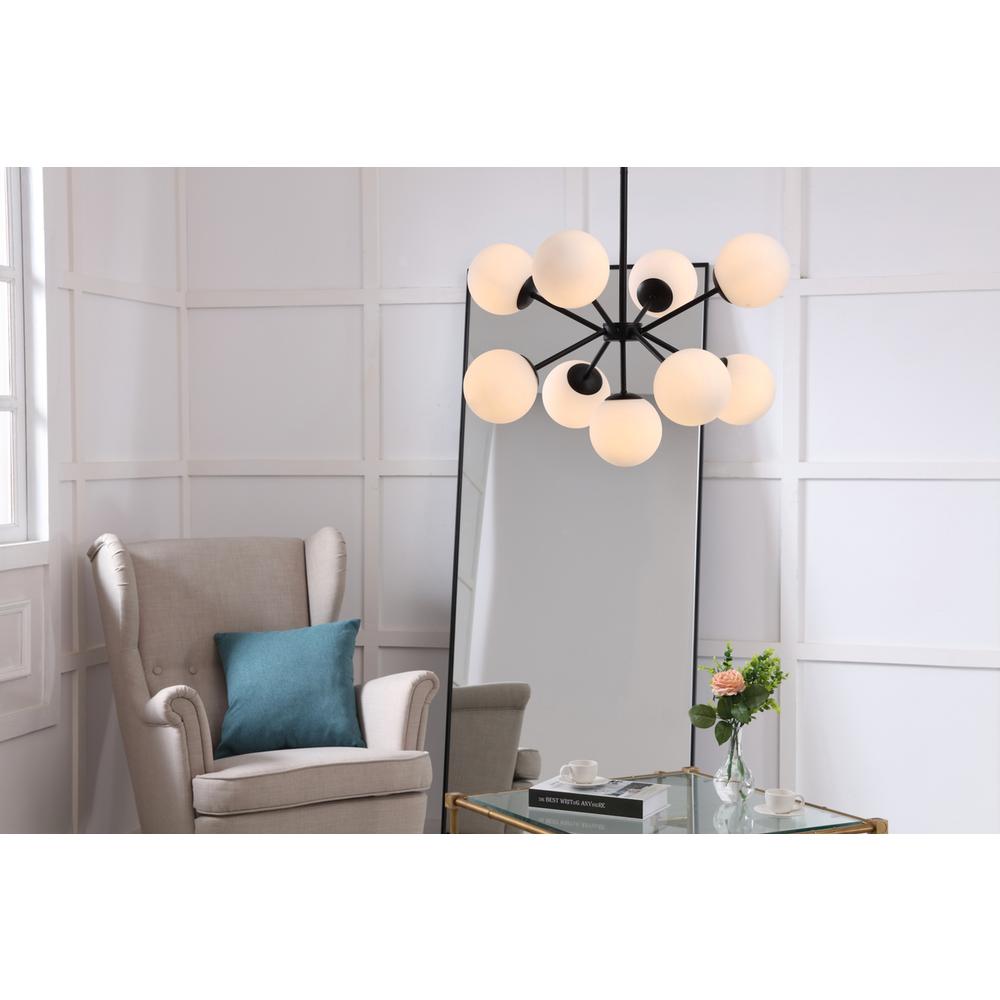 Jupiter 9 light Black and Frosted White glass pendant. Picture 14