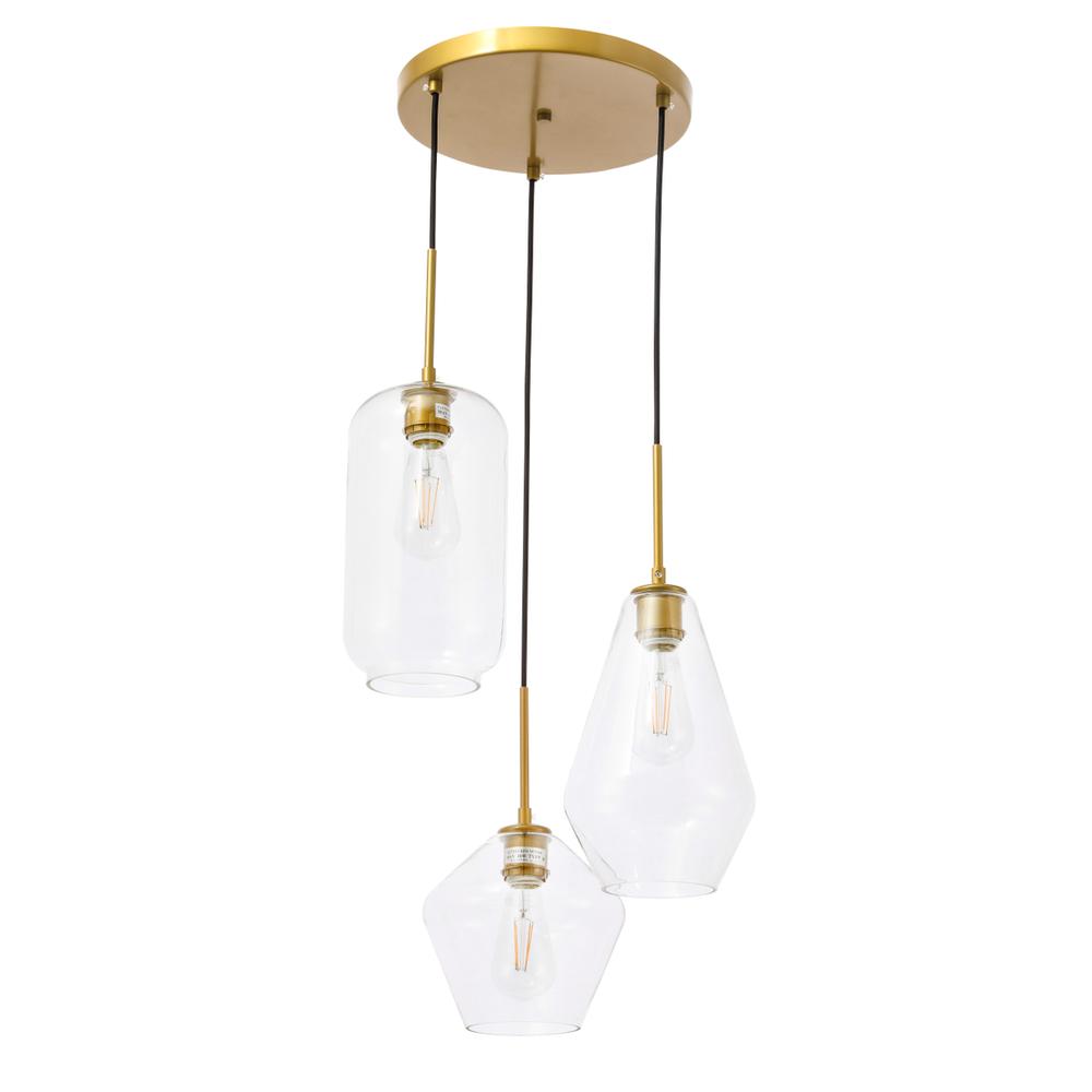 Gene 3 light Brass and Clear glass pendant. Picture 6