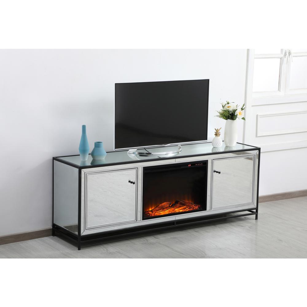 James 72 in. mirrored tv stand with wood fireplace in black. Picture 4