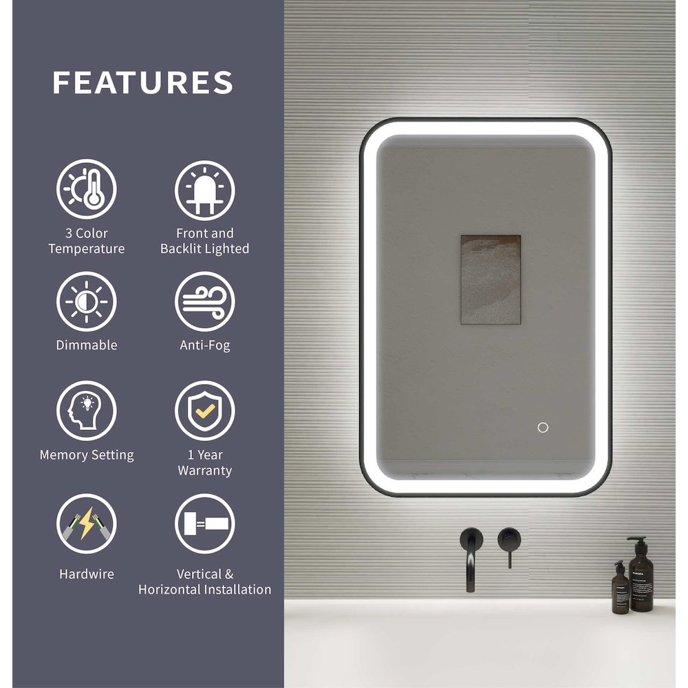 30 Inch Rectangle LED Front and Backlit Wall Mirror in Black. Picture 11