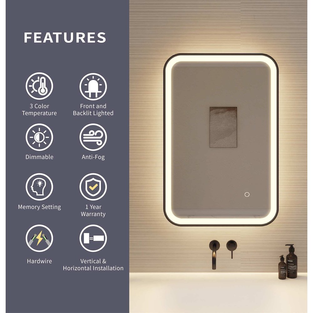 30 Inch Rectangle LED Front and Backlit Wall Mirror in Black. Picture 9