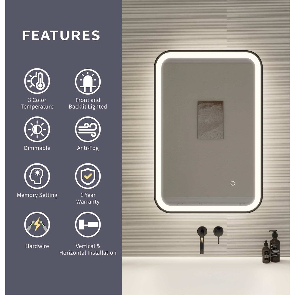30 Inch Rectangle LED Front and Backlit Wall Mirror in Black. Picture 10