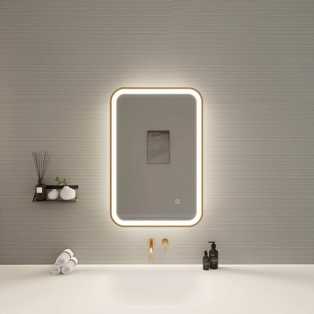 30 Inch Rectangle LED Front and Backlit Wall Mirror in Satin Gold. Picture 2