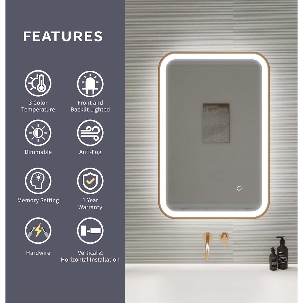 30 Inch Rectangle LED Front and Backlit Wall Mirror in Satin Gold. Picture 11