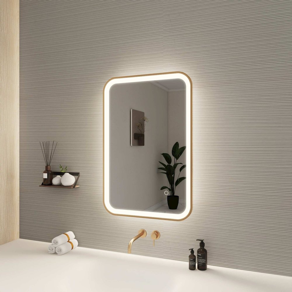 30 Inch Rectangle LED Front and Backlit Wall Mirror in Satin Gold. Picture 3
