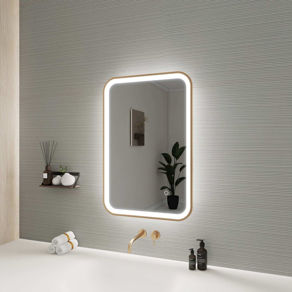 30 Inch Rectangle LED Front and Backlit Wall Mirror in Satin Gold. Picture 4