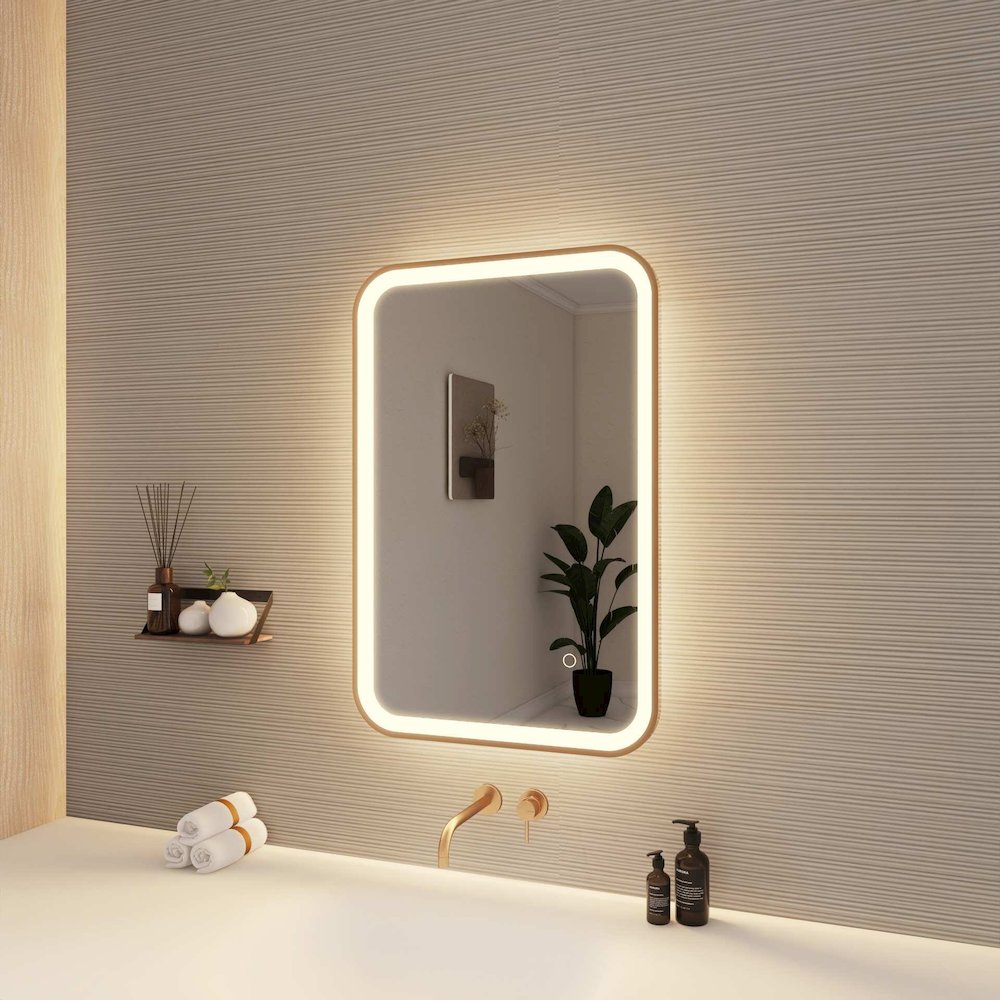 30 Inch Rectangle LED Front and Backlit Wall Mirror in Satin Gold. Picture 5