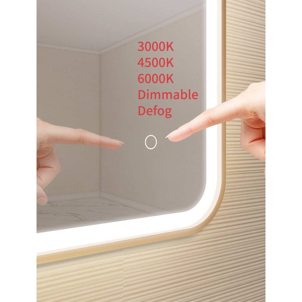 30 Inch Rectangle LED Front and Backlit Wall Mirror in Satin Gold. Picture 8