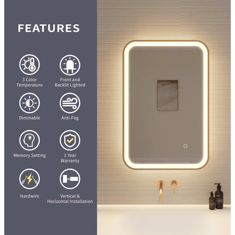30 Inch Rectangle LED Front and Backlit Wall Mirror in Satin Gold. Picture 9