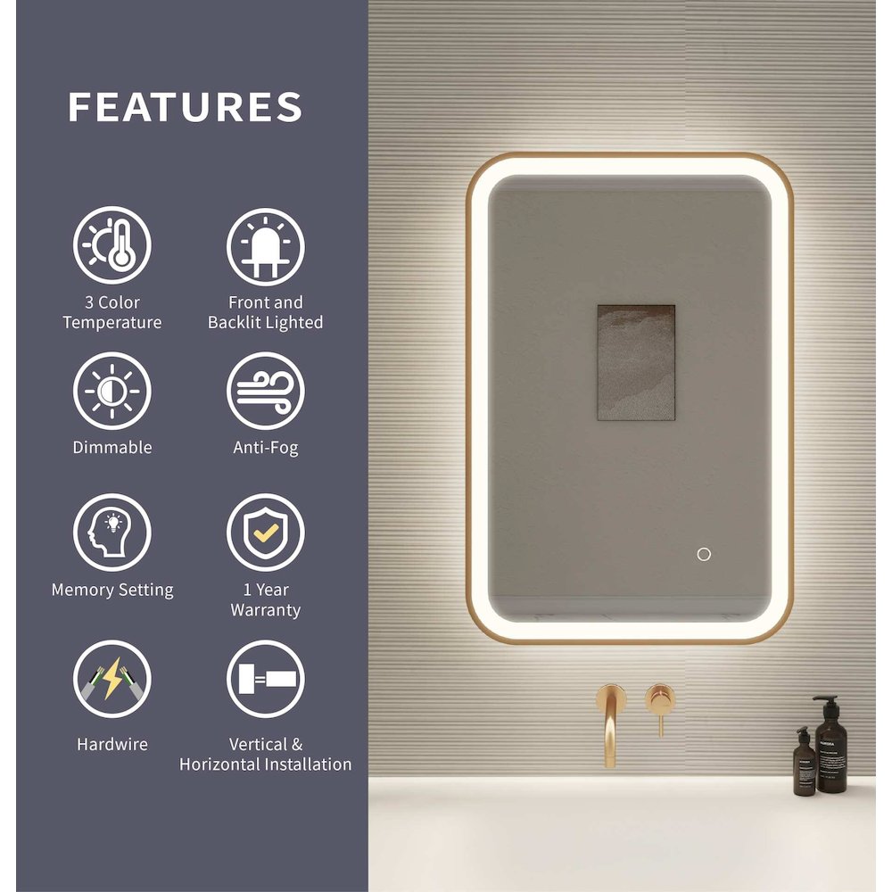 30 Inch Rectangle LED Front and Backlit Wall Mirror in Satin Gold. Picture 10
