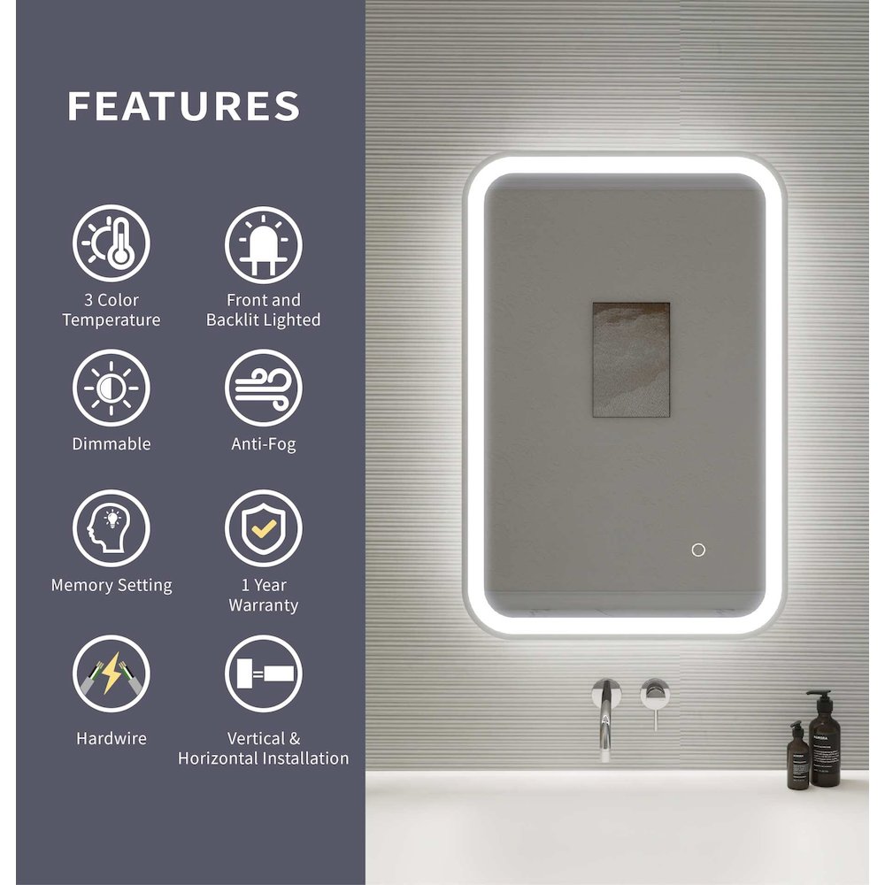 30 Inch Rectangle LED Front and Backlit Wall Mirror in Silver. Picture 11