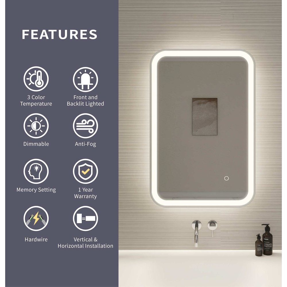 30 Inch Rectangle LED Front and Backlit Wall Mirror in Silver. Picture 9