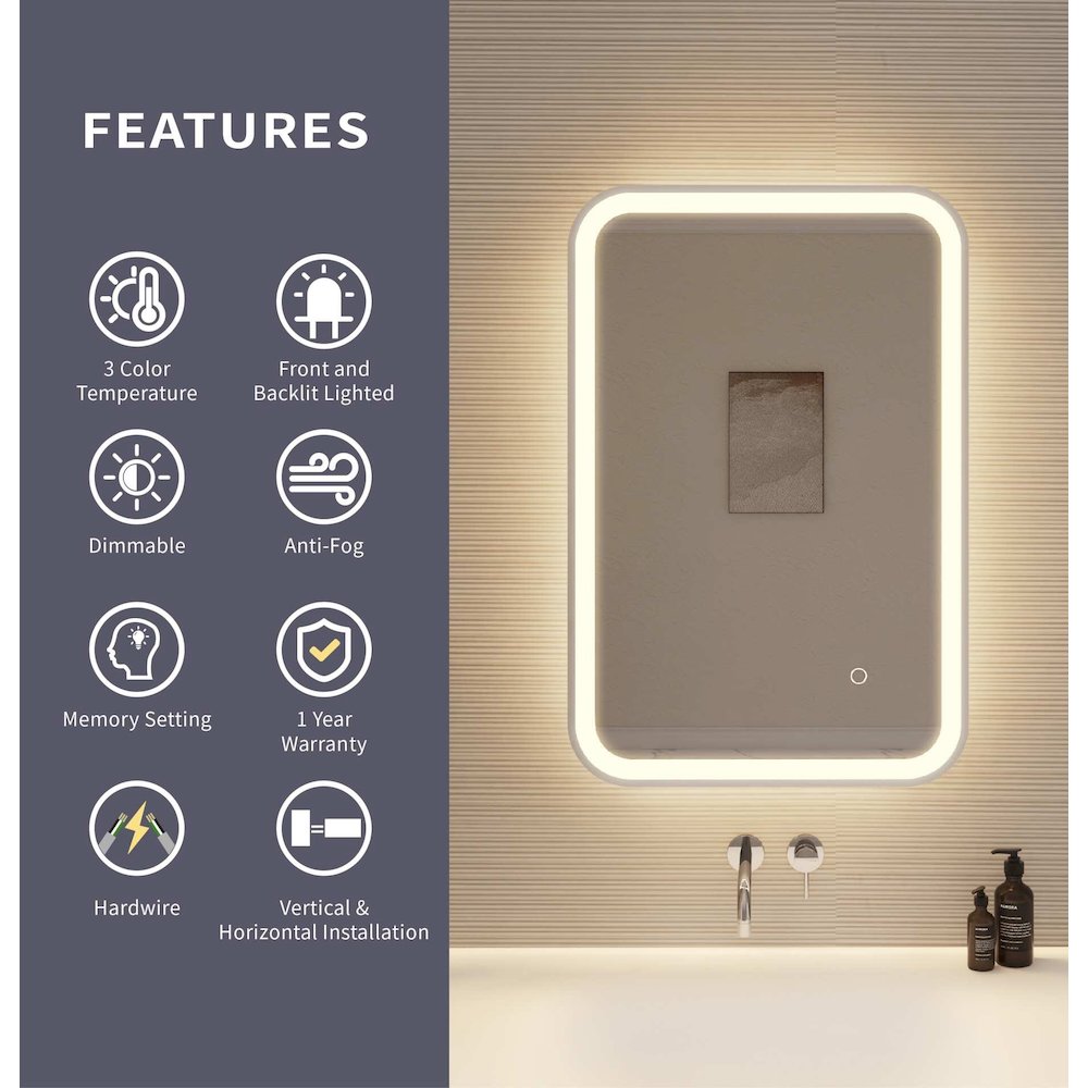 30 Inch Rectangle LED Front and Backlit Wall Mirror in Silver. Picture 10