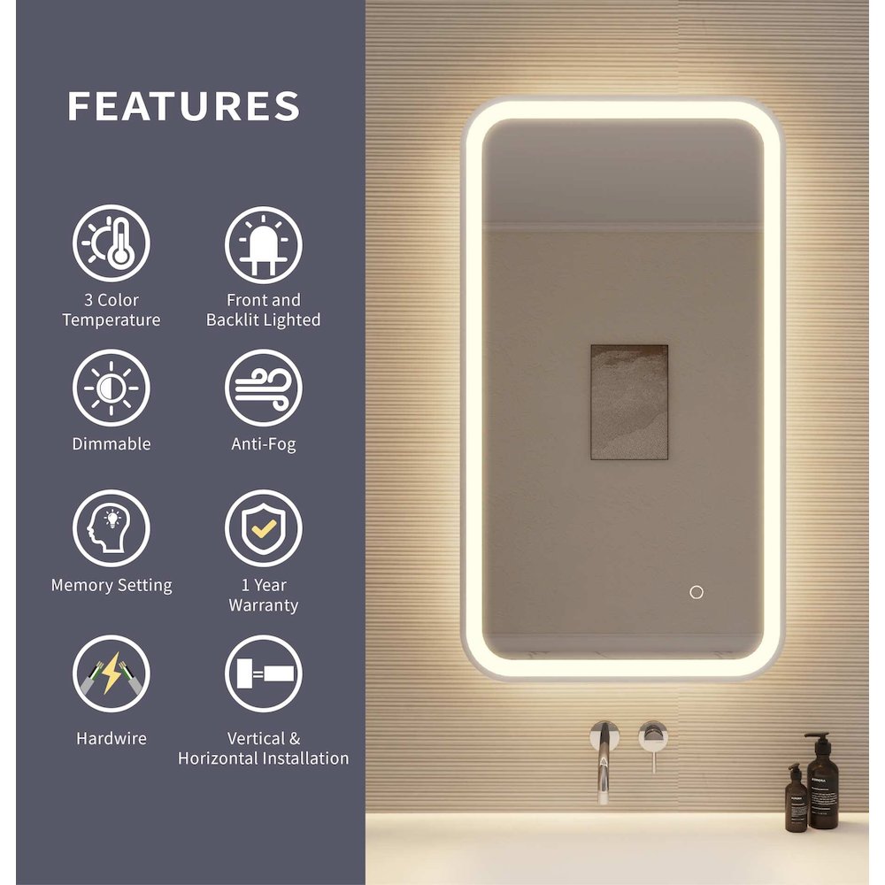 36 Inch Rectangle LED Front and Backlit Wall Mirror in Silver. Picture 9