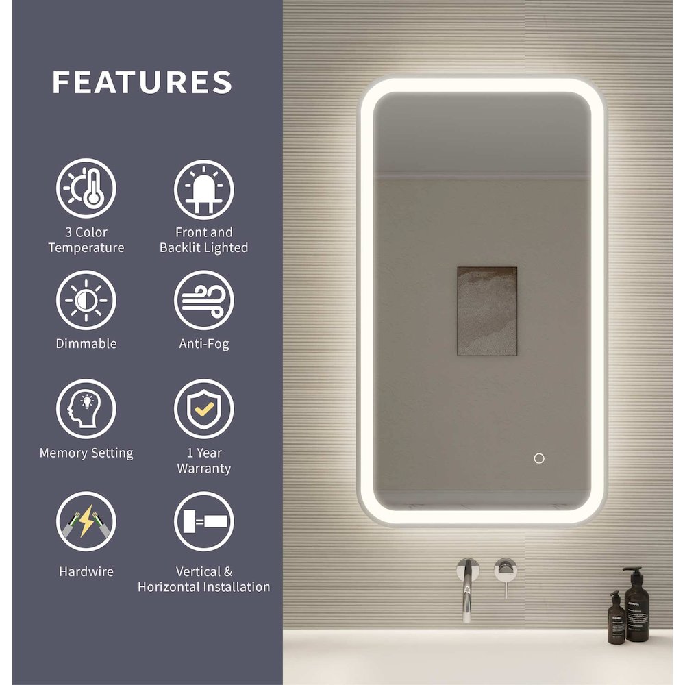 36 Inch Rectangle LED Front and Backlit Wall Mirror in Silver. Picture 10