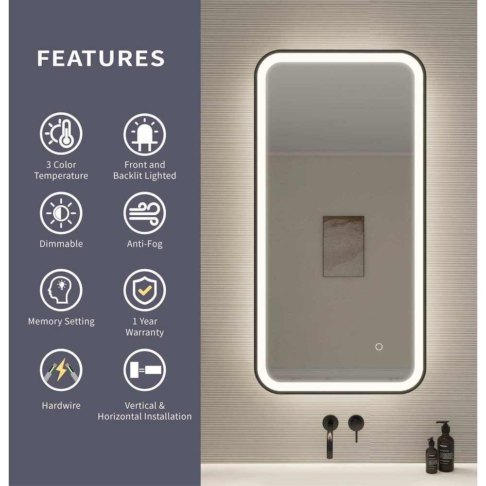 40 Inch Rectangle LED Front and Backlit Wall Mirror in Black. Picture 11