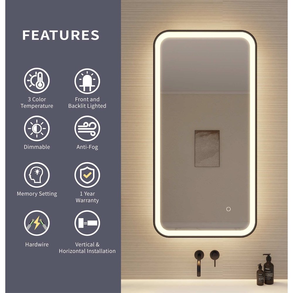 40 Inch Rectangle LED Front and Backlit Wall Mirror in Black. Picture 9