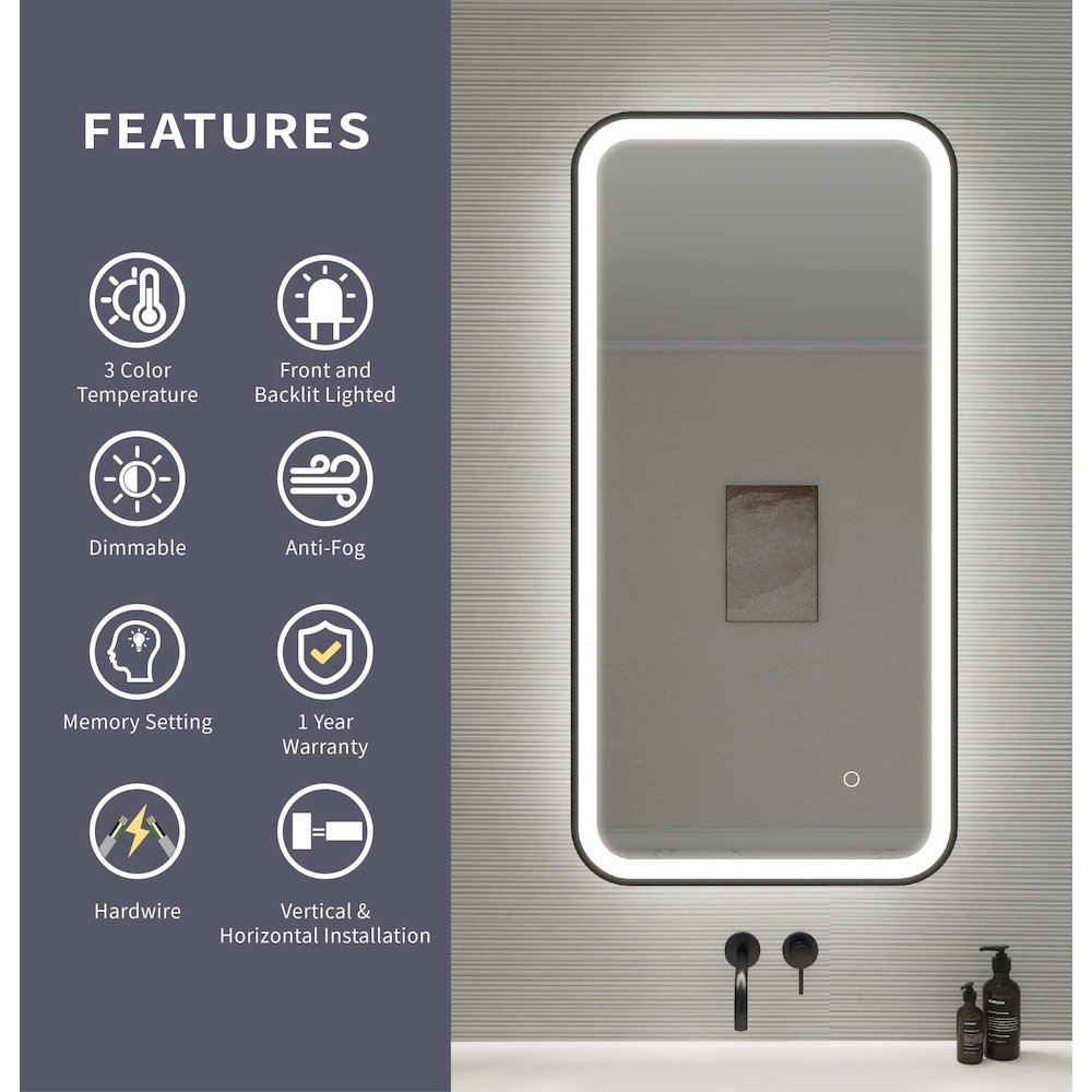 40 Inch Rectangle LED Front and Backlit Wall Mirror in Black. Picture 10