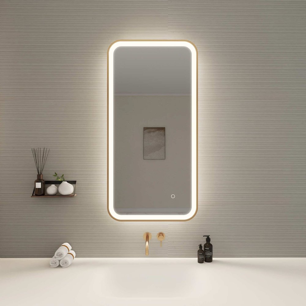 40 Inch Rectangle LED Front and Backlit Wall Mirror in Satin Gold. Picture 2
