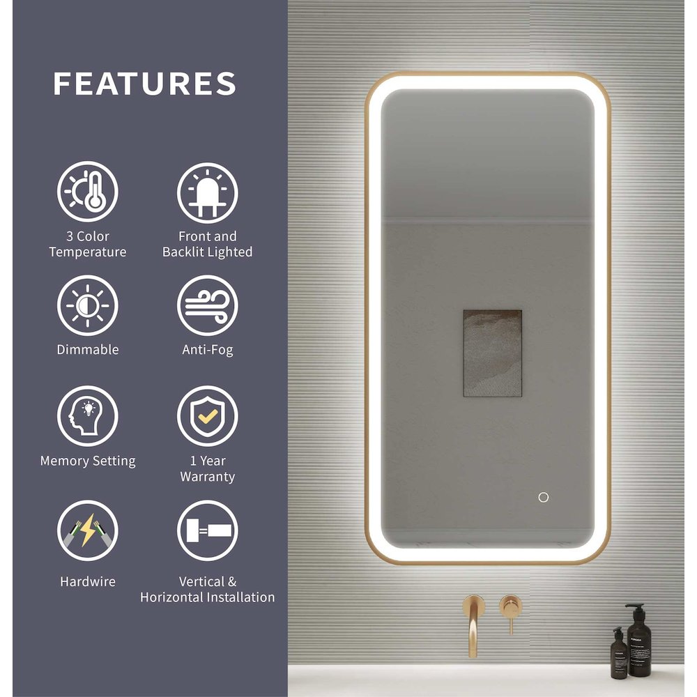 40 Inch Rectangle LED Front and Backlit Wall Mirror in Satin Gold. Picture 11