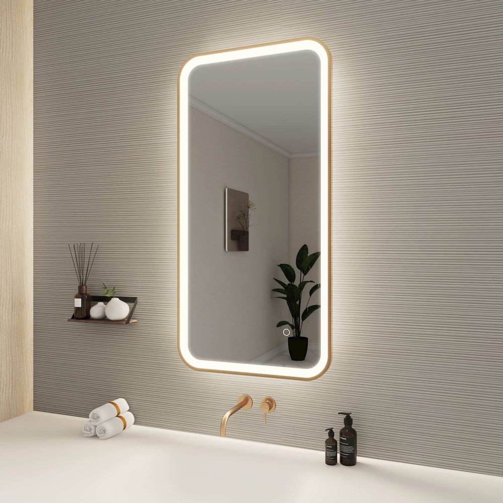 40 Inch Rectangle LED Front and Backlit Wall Mirror in Satin Gold. Picture 3