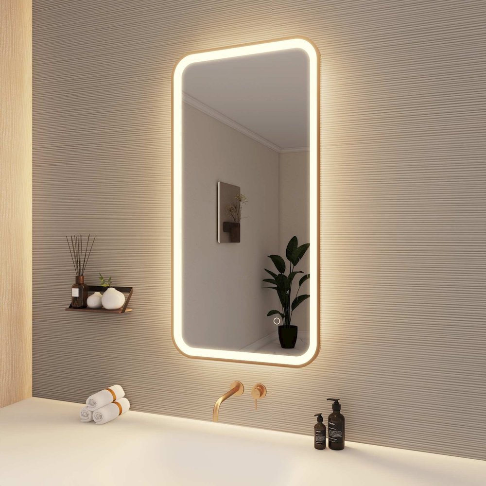 40 Inch Rectangle LED Front and Backlit Wall Mirror in Satin Gold. Picture 4