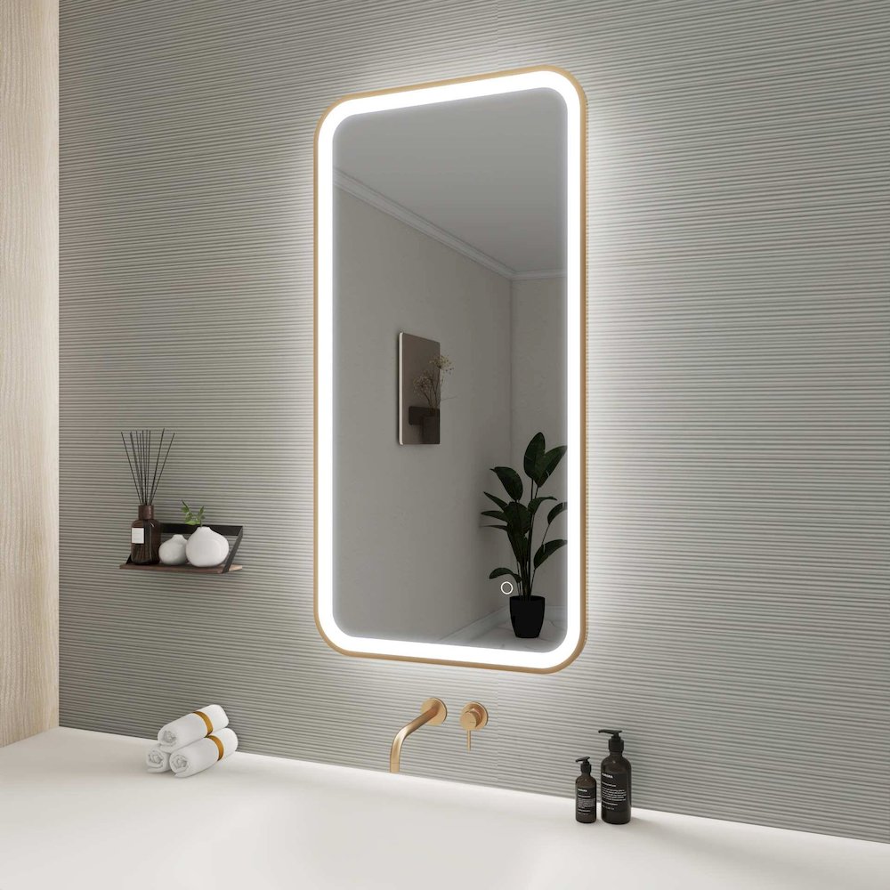 40 Inch Rectangle LED Front and Backlit Wall Mirror in Satin Gold. Picture 5