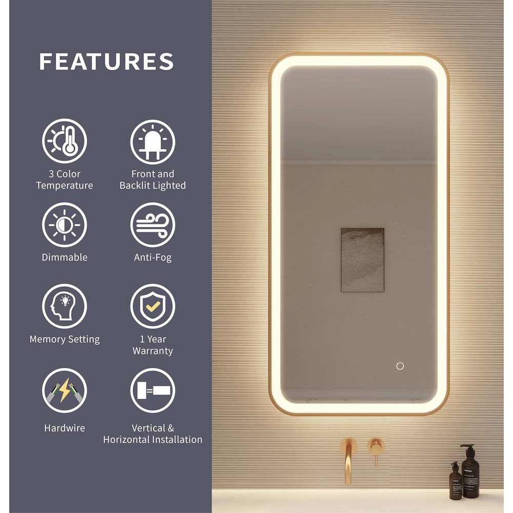 40 Inch Rectangle LED Front and Backlit Wall Mirror in Satin Gold. Picture 9