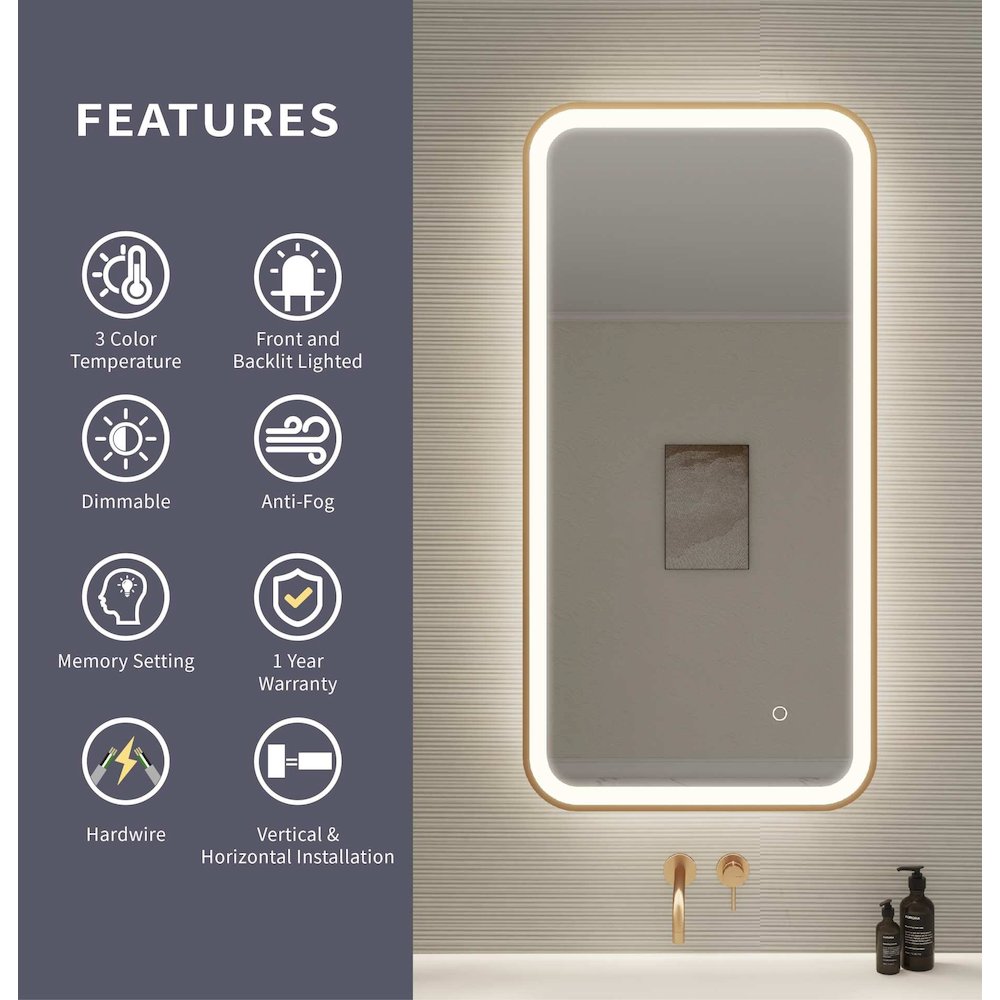 40 Inch Rectangle LED Front and Backlit Wall Mirror in Satin Gold. Picture 10