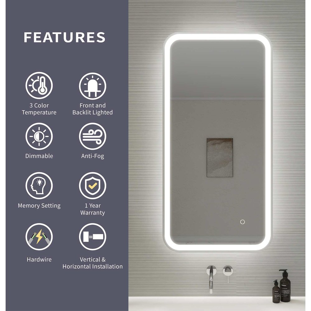 40 Inch Rectangle LED Front and Backlit Wall Mirror in Silver. Picture 11
