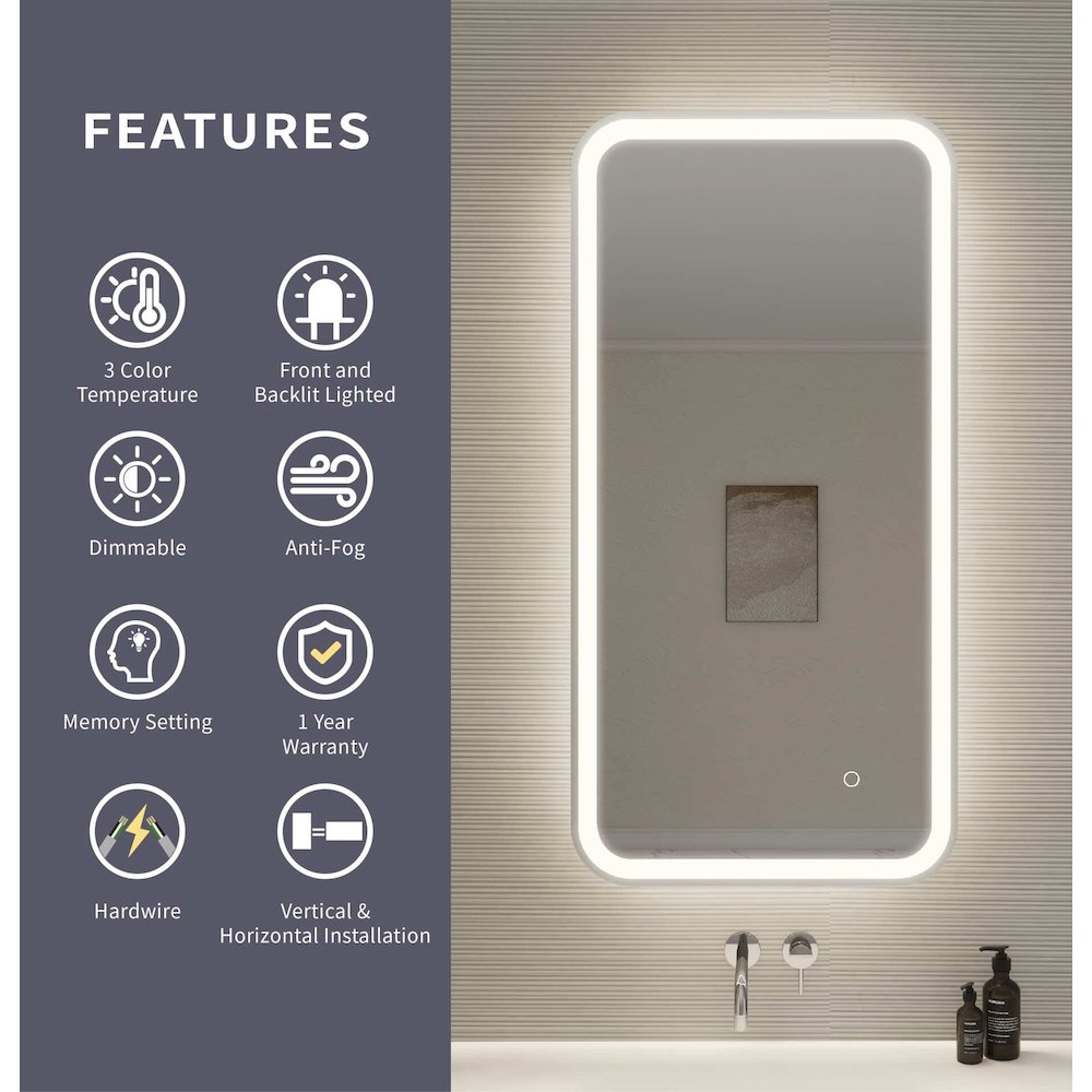 40 Inch Rectangle LED Front and Backlit Wall Mirror in Silver. Picture 9