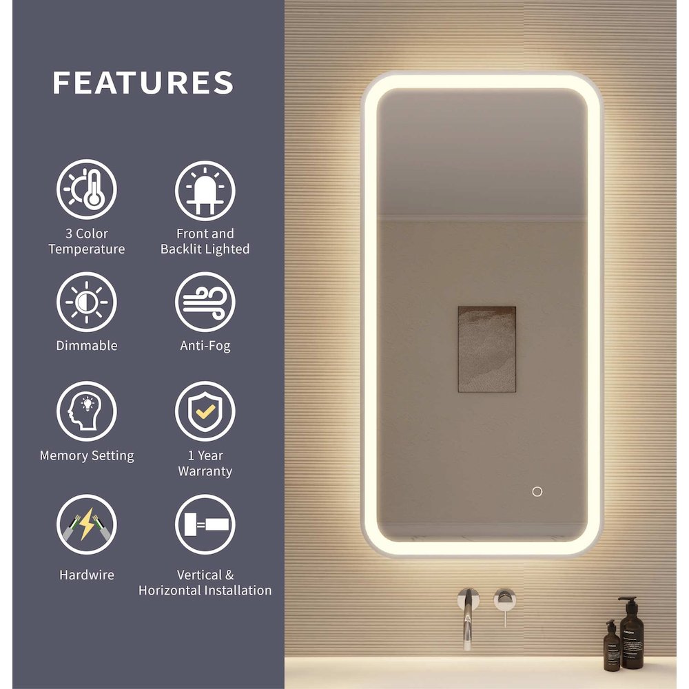 40 Inch Rectangle LED Front and Backlit Wall Mirror in Silver. Picture 10