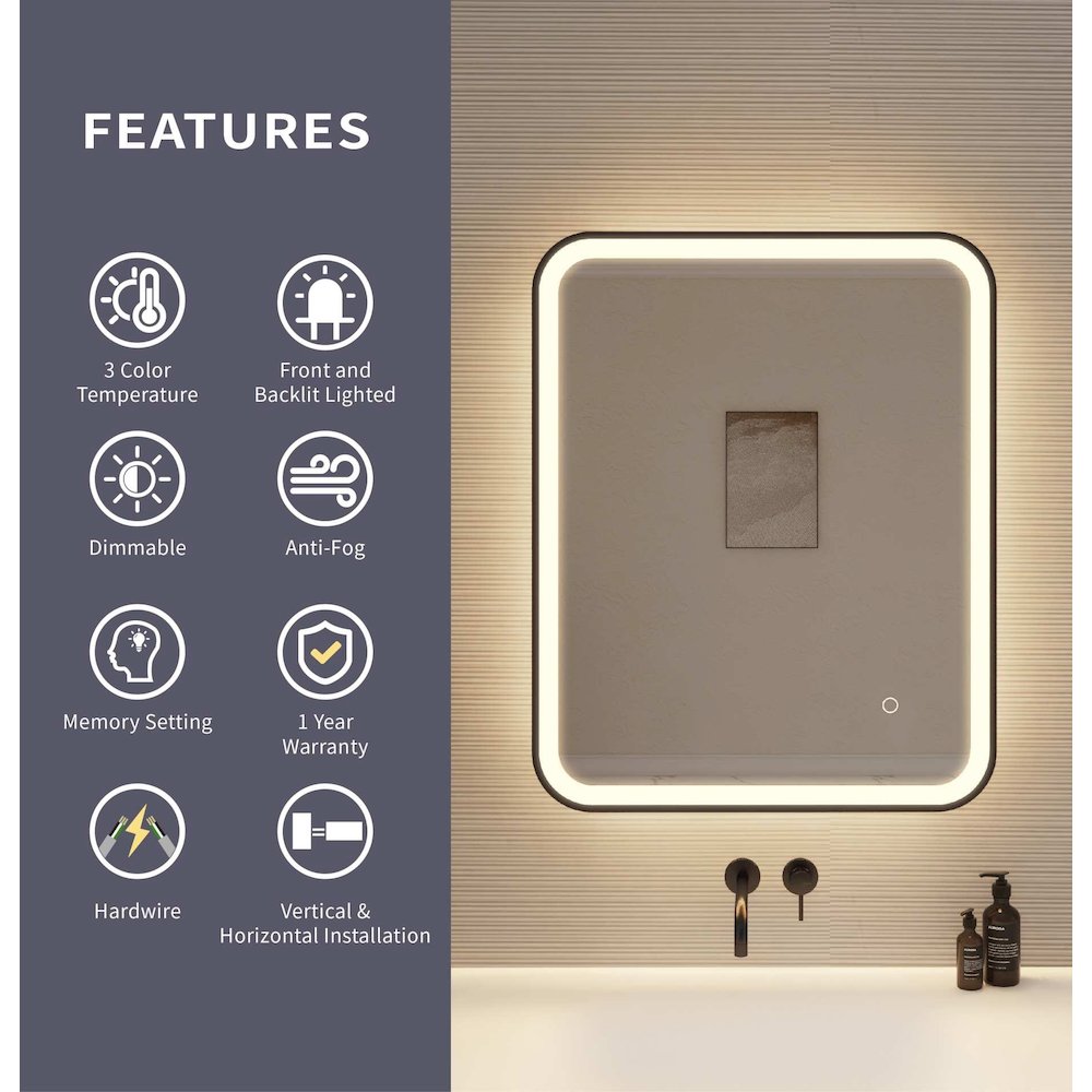 30 Inch Rectangle LED Front and Backlit Wall Mirror in Black. Picture 9