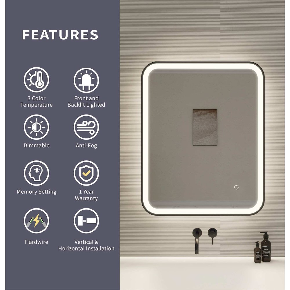 30 Inch Rectangle LED Front and Backlit Wall Mirror in Black. Picture 10