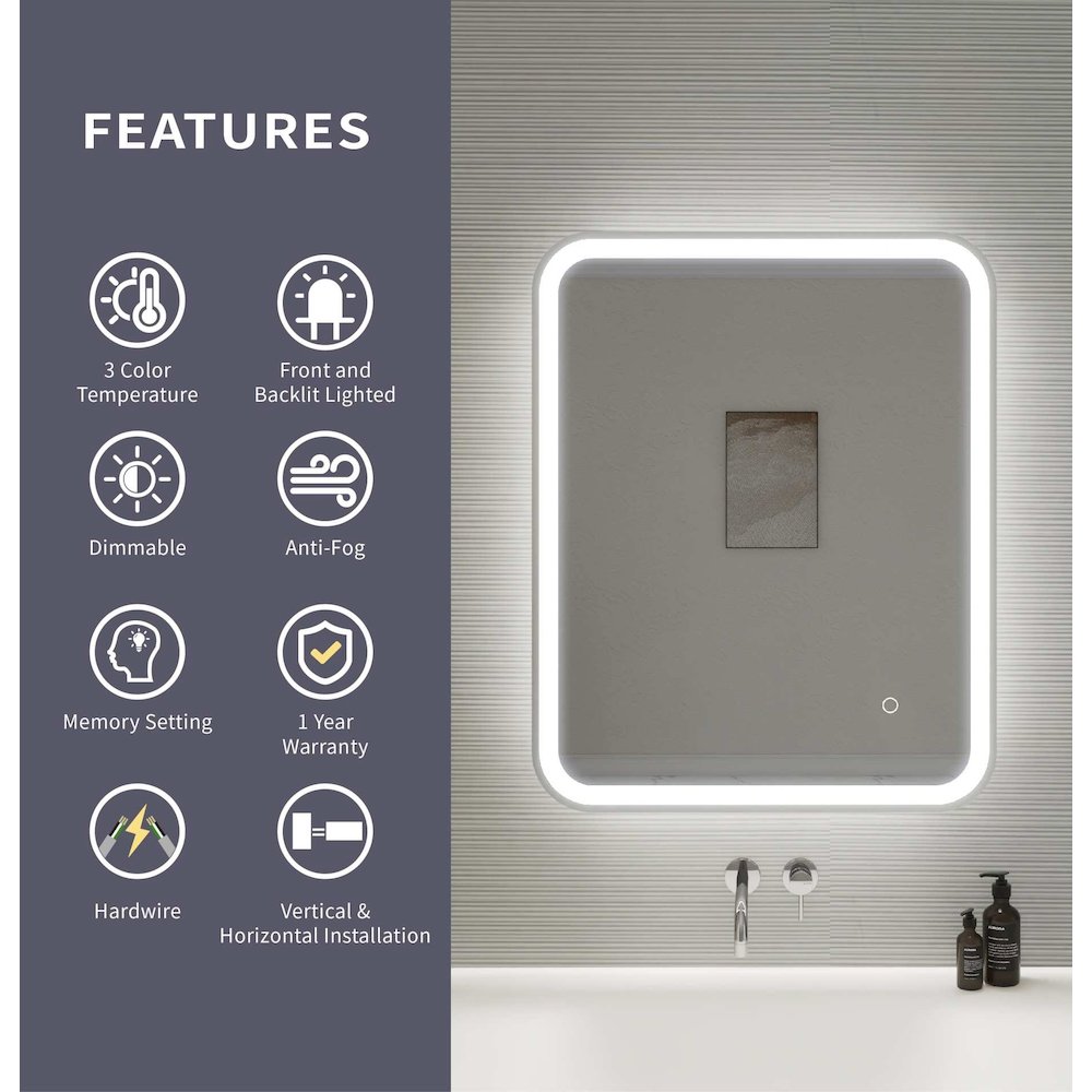30 Inch Rectangle LED Front and Backlit Wall Mirror in Silver. Picture 11