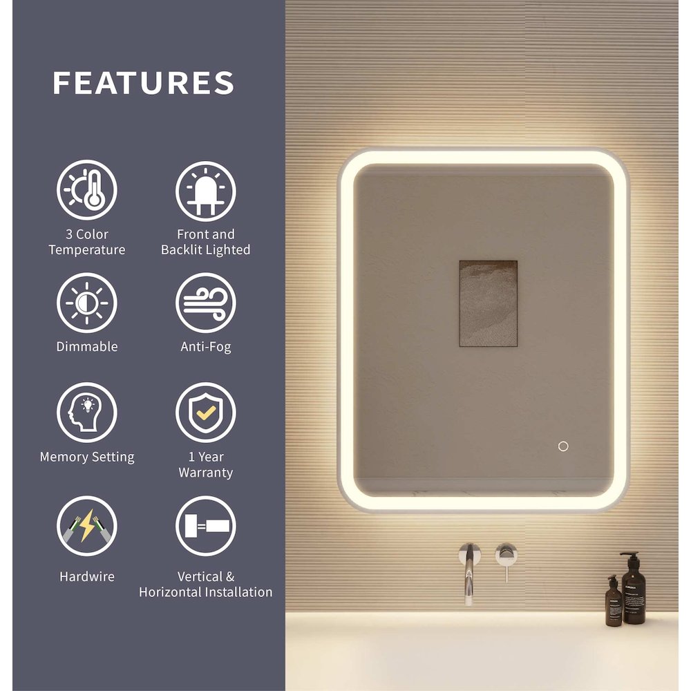 30 Inch Rectangle LED Front and Backlit Wall Mirror in Silver. Picture 9