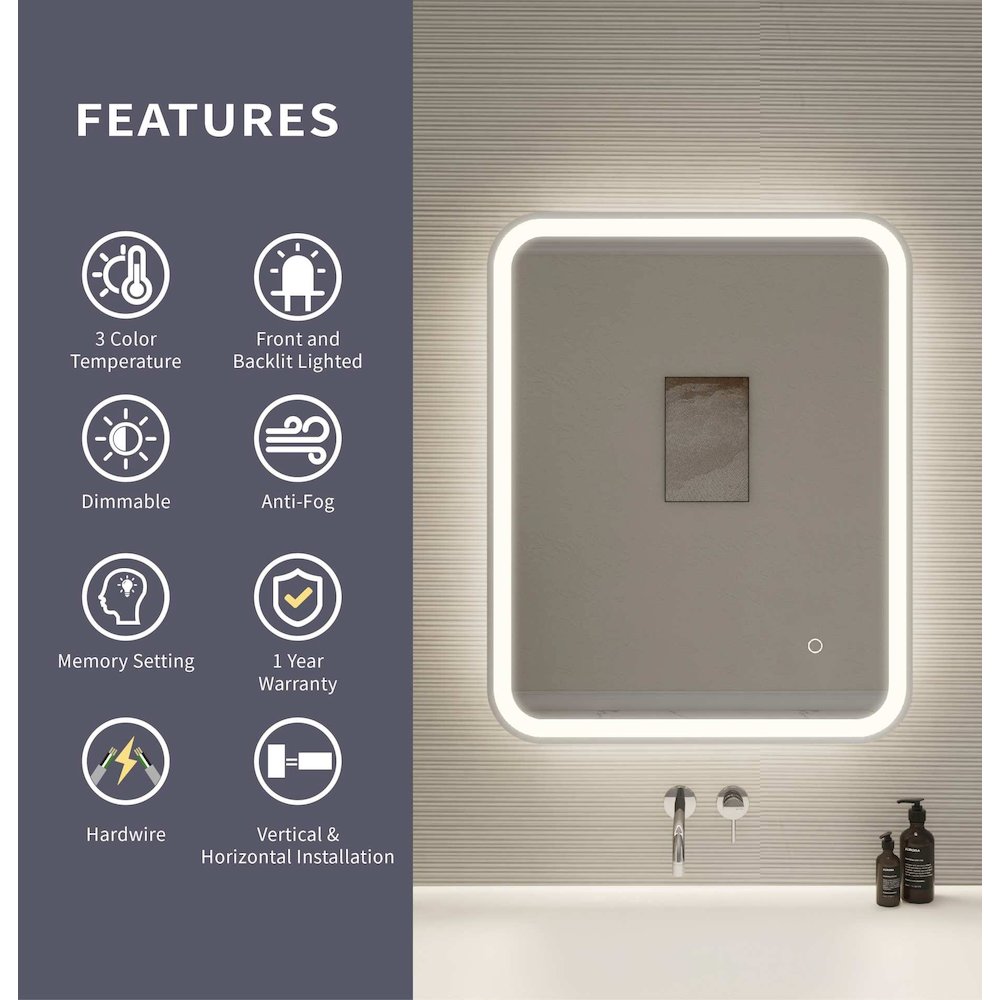 30 Inch Rectangle LED Front and Backlit Wall Mirror in Silver. Picture 10