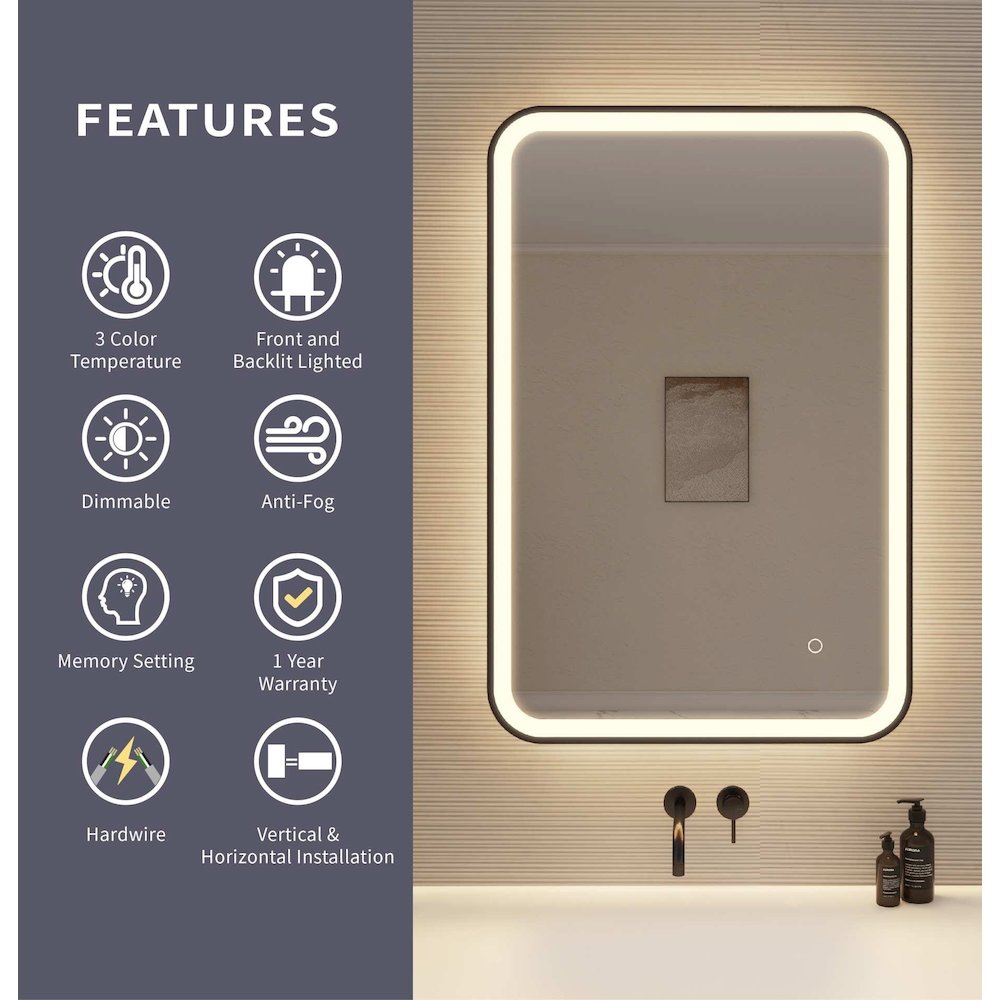 36 Inch Rectangle LED Front and Backlit Wall Mirror in Black. Picture 9
