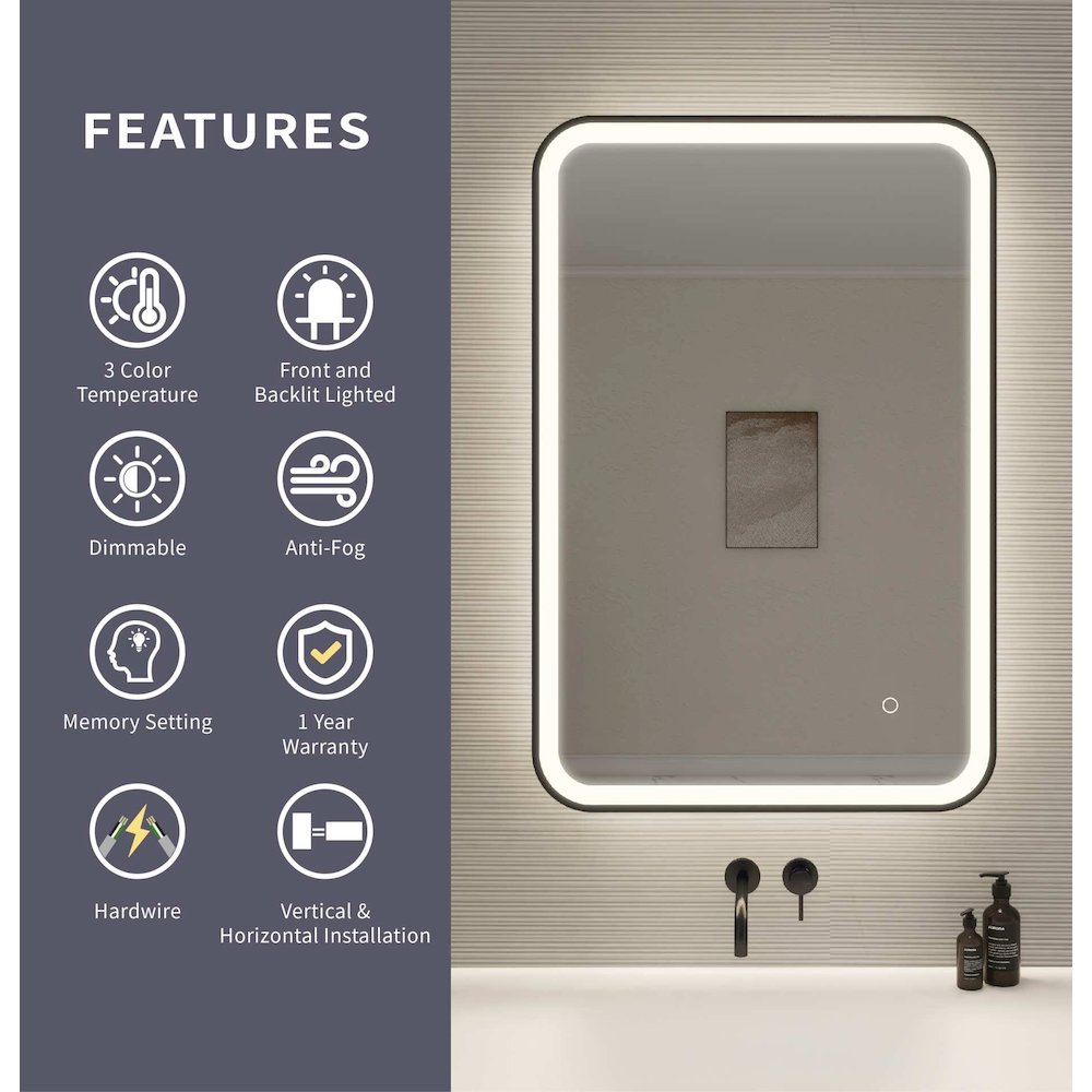 36 Inch Rectangle LED Front and Backlit Wall Mirror in Black. Picture 10