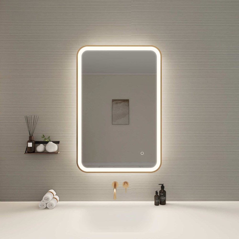 36 Inch Rectangle LED Front and Backlit Wall Mirror in Satin Gold. Picture 2
